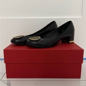 Tory Burch Black Block Heel Flats with Gold Hardware